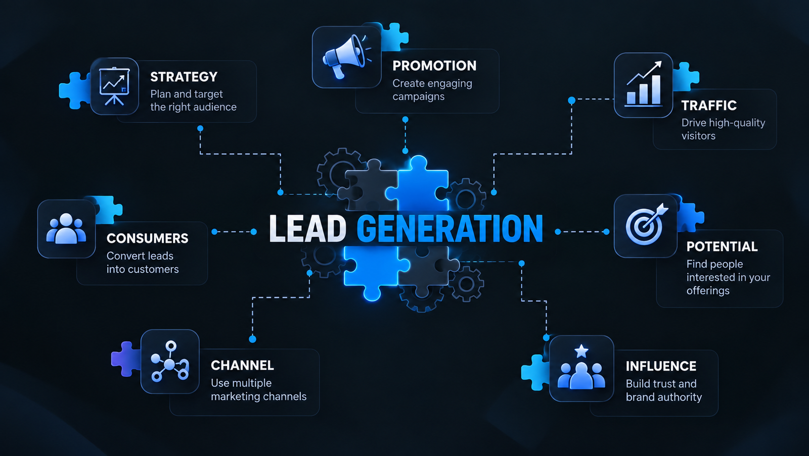 Lead funnel flowing into CRM-style contact cards and pipeline stages