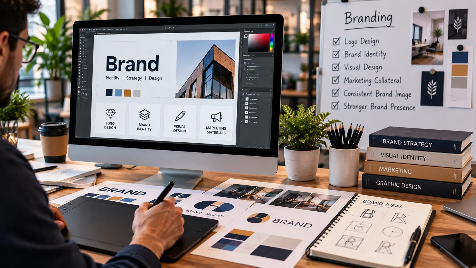 Brand identity materials with typography specimens and color swatches
