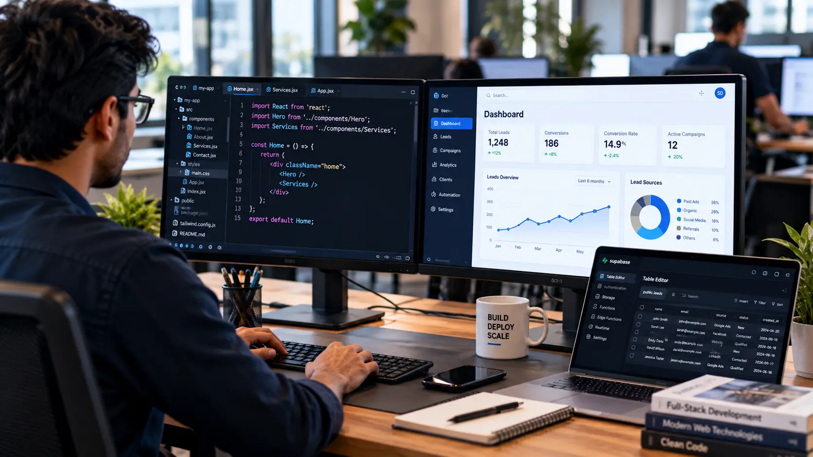 Code editor beside a connected application and database architecture diagram