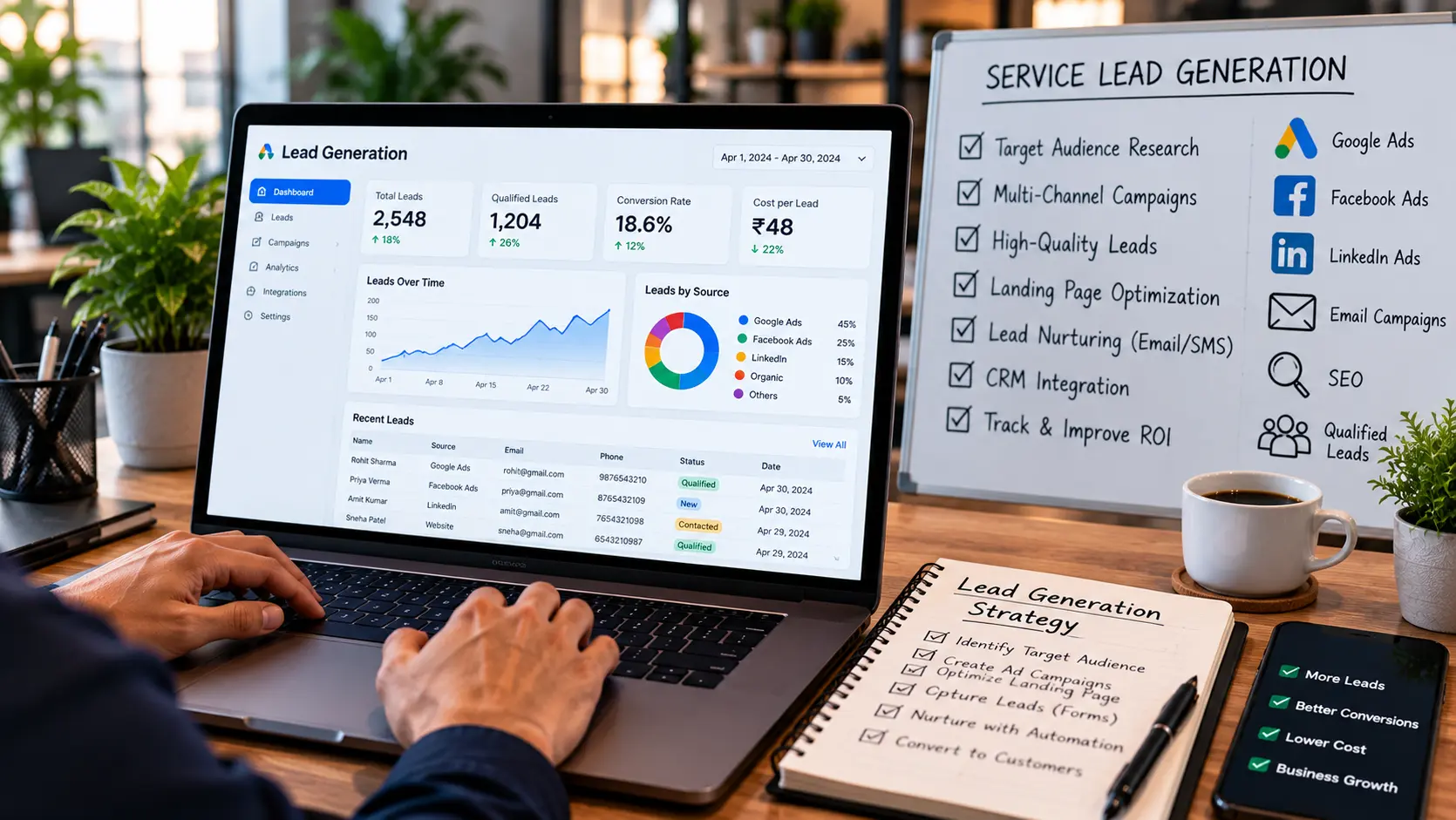 Lead funnel flowing into CRM-style contact cards and pipeline stages