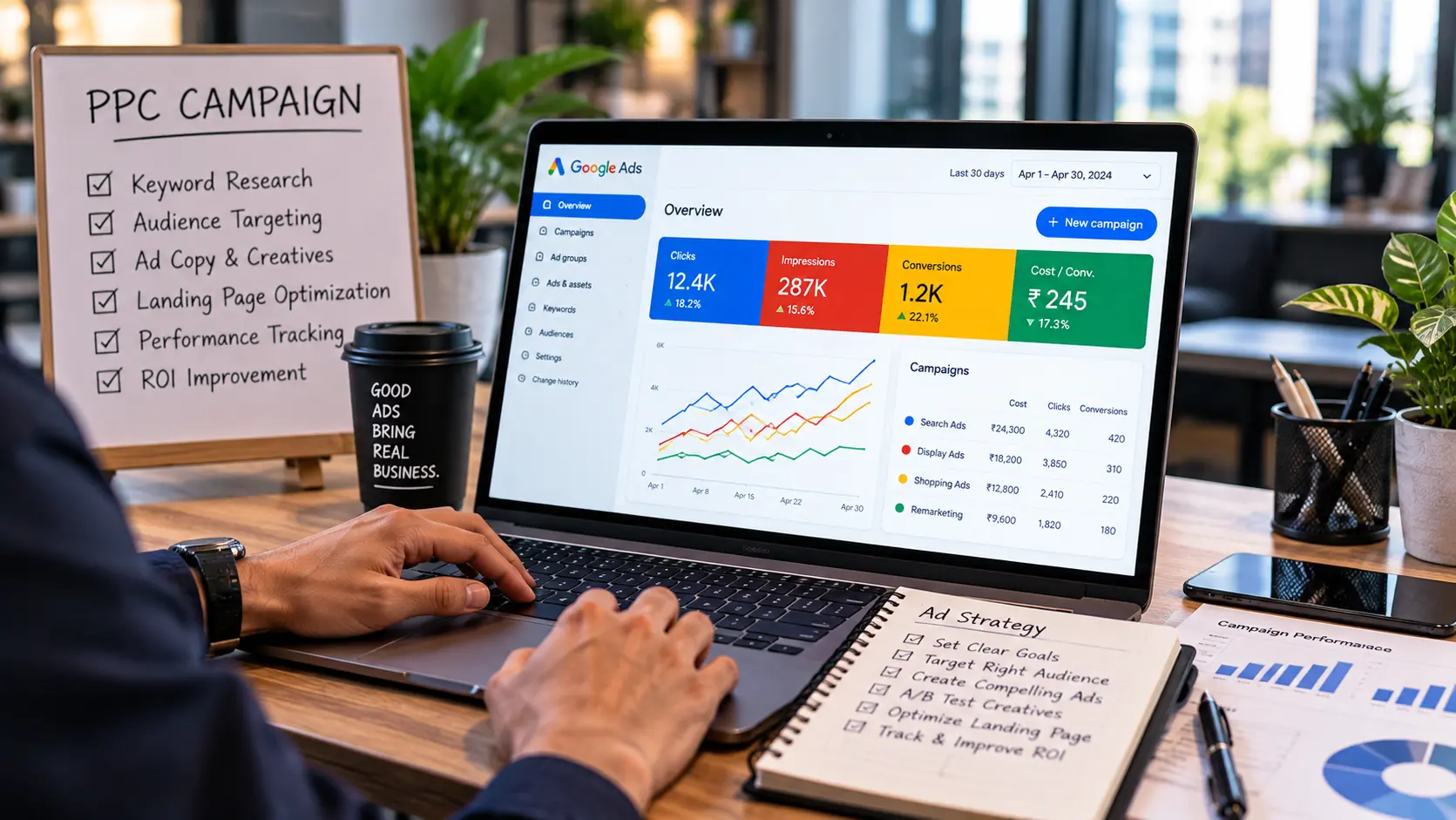 Paid advertising campaign dashboard with audience and performance charts