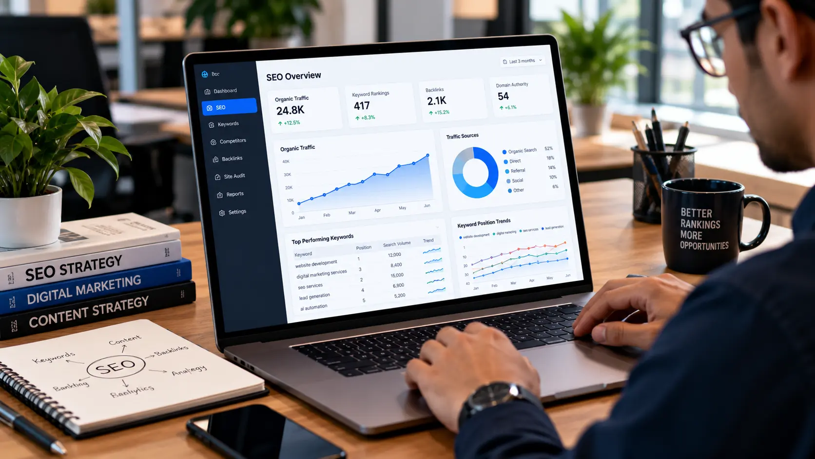 Search analytics dashboard showing rising visibility and keyword rankings