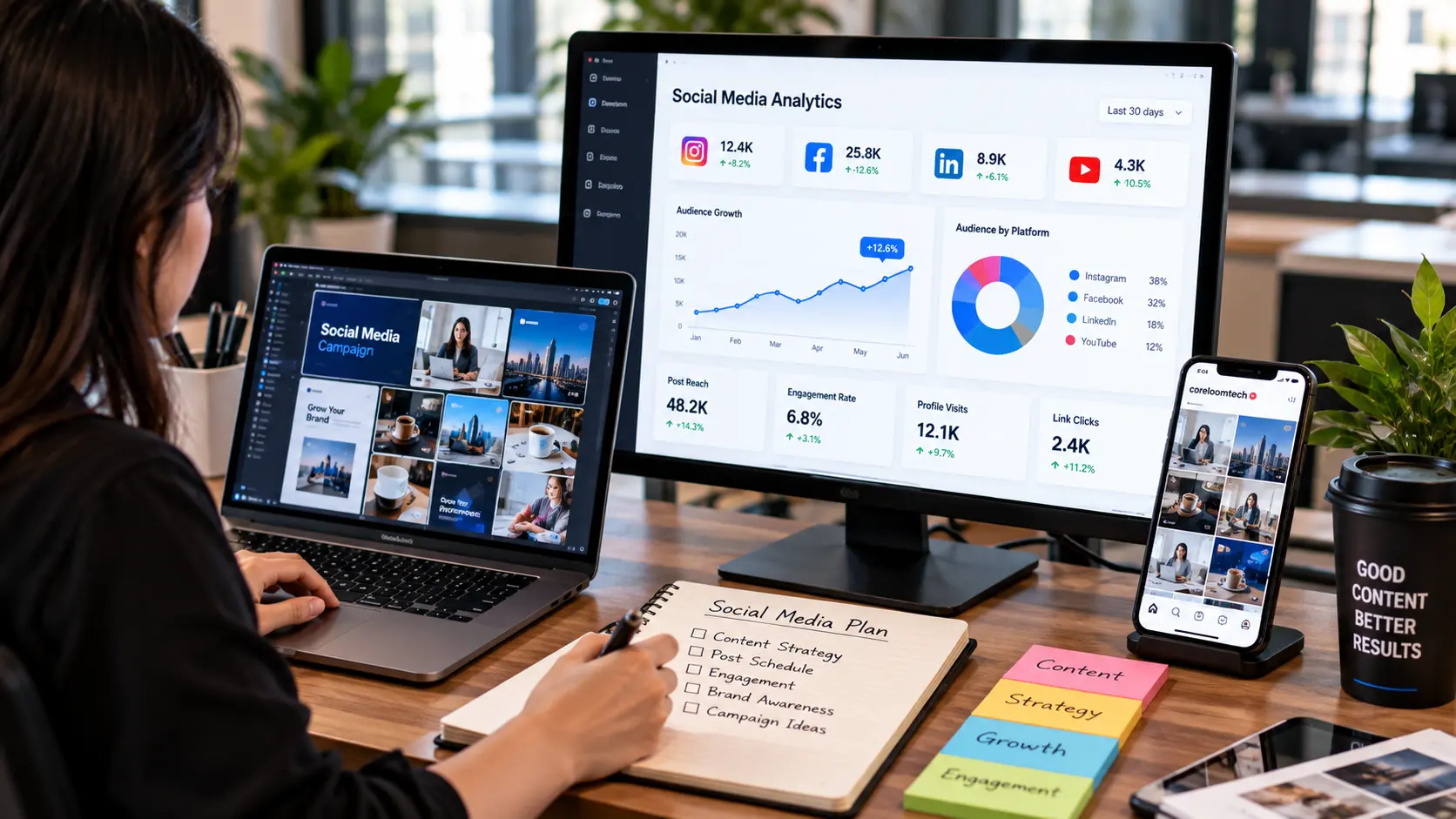 Social media content planning board with post grid and calendar