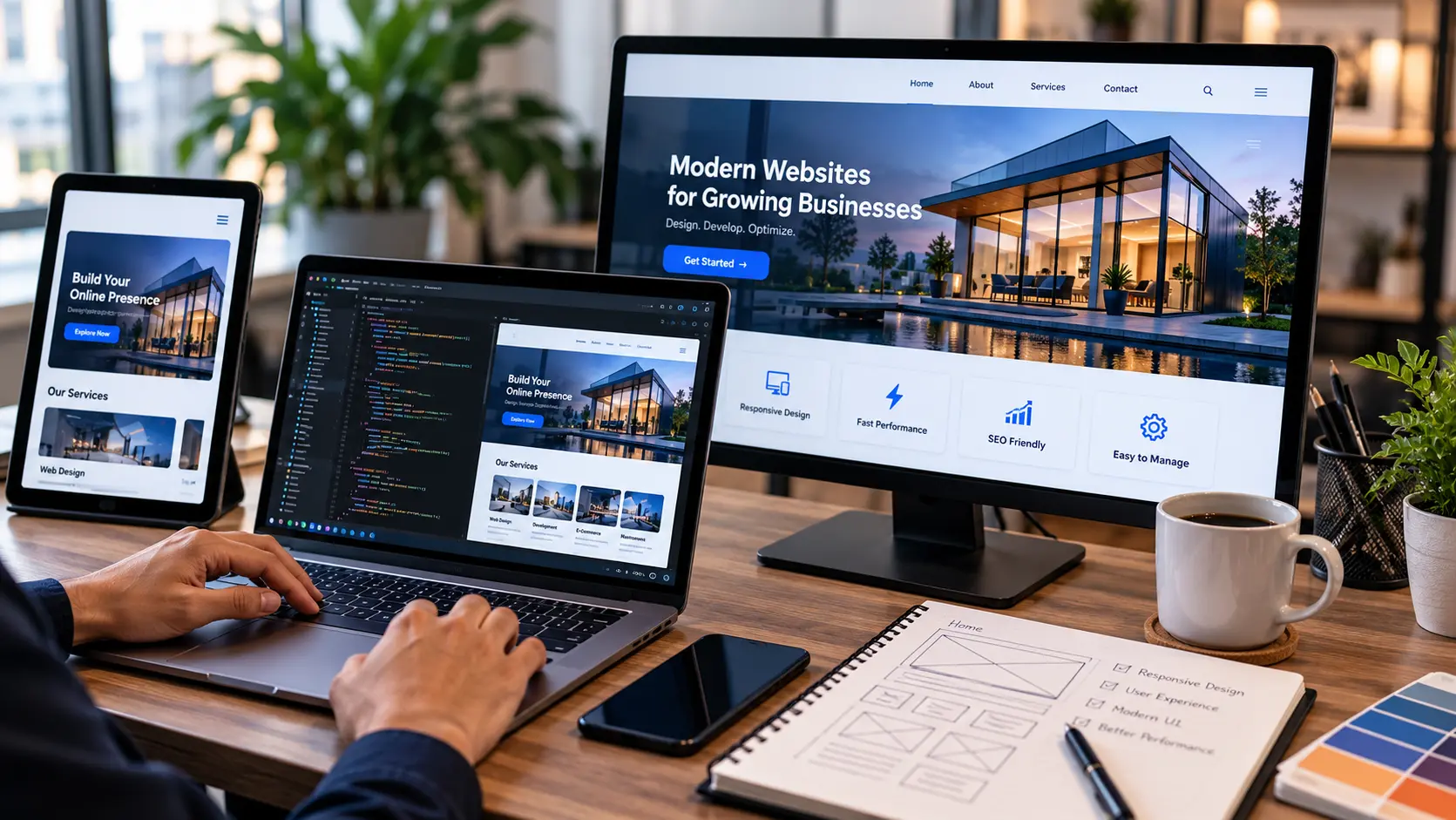 Responsive website layouts displayed on laptop, tablet and phone screens